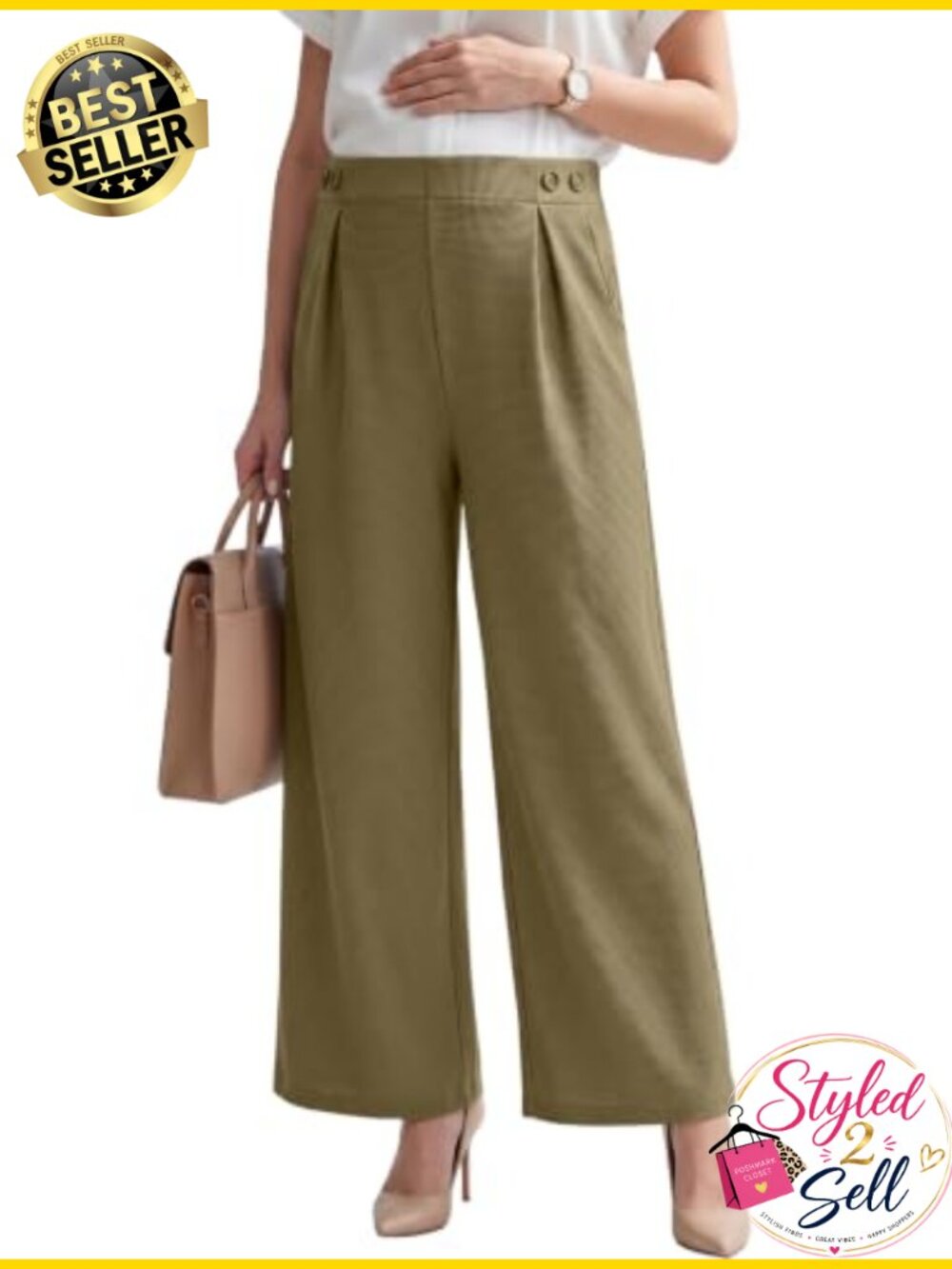 Waffle Knit Maternity Wide Leg Work Pants High Rise Trousers